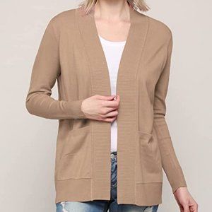 tan open front knit womens cardigan sweater with pockets, size Small, classic
